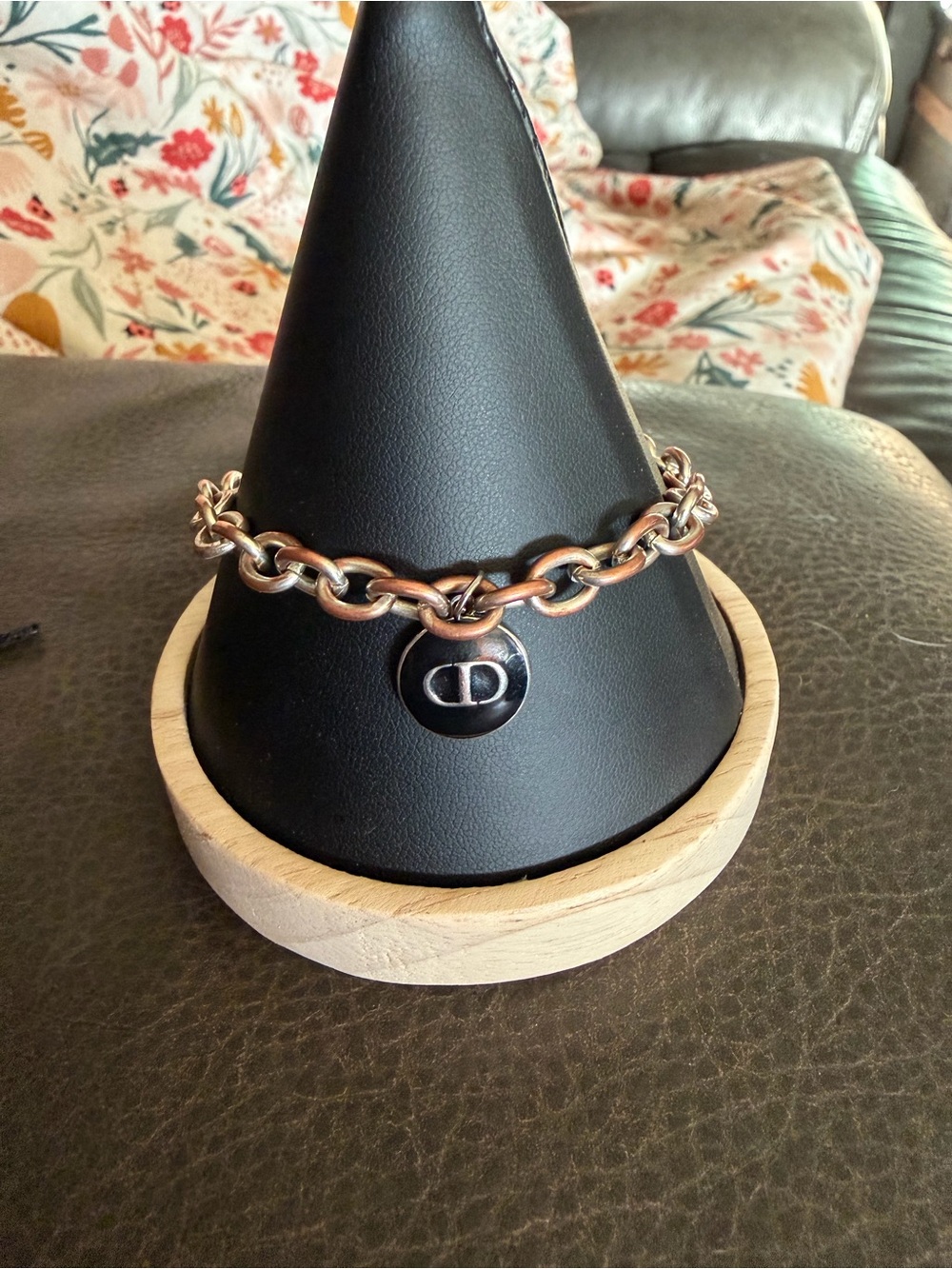 Hand Crafted Rose Gold Chain Bracelet with Round Black Charm